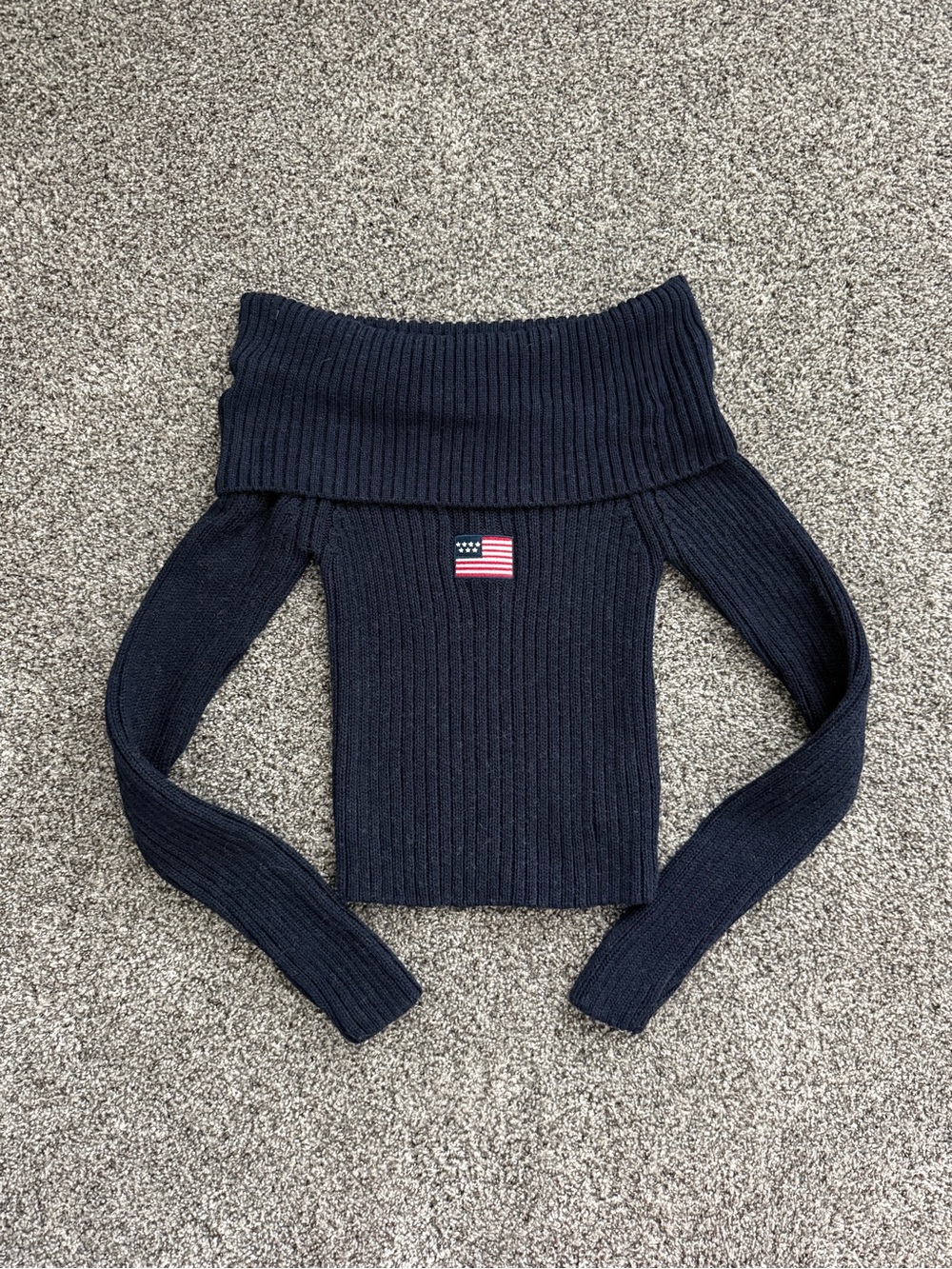 Off-Shoulder Ribbed Sweater with Flag Patch - Navy